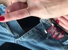 Stroke small dick in car outside using phone with other hand