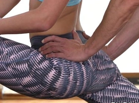 Flexible fit blonde bangs her yoga teacher