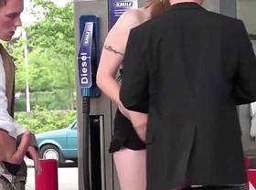 A pregnant girl fucked hard by 2 guys at a public gas station